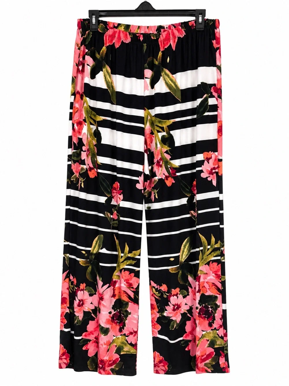 Floral Stripe Wide-Leg Lounge Pants - Black & Pink Melissa Paige 3x - Picture 1 of 3